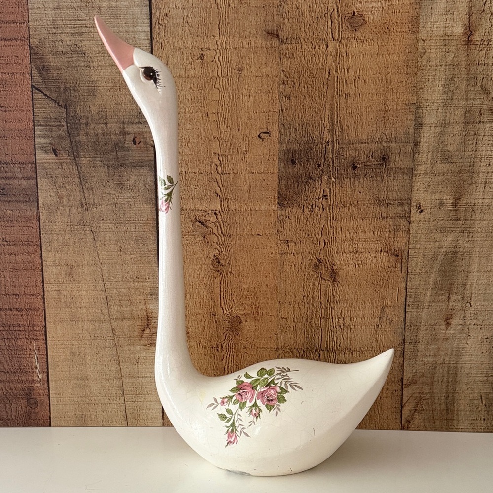 Cottagecore Chalkware Swan with Floral Accents